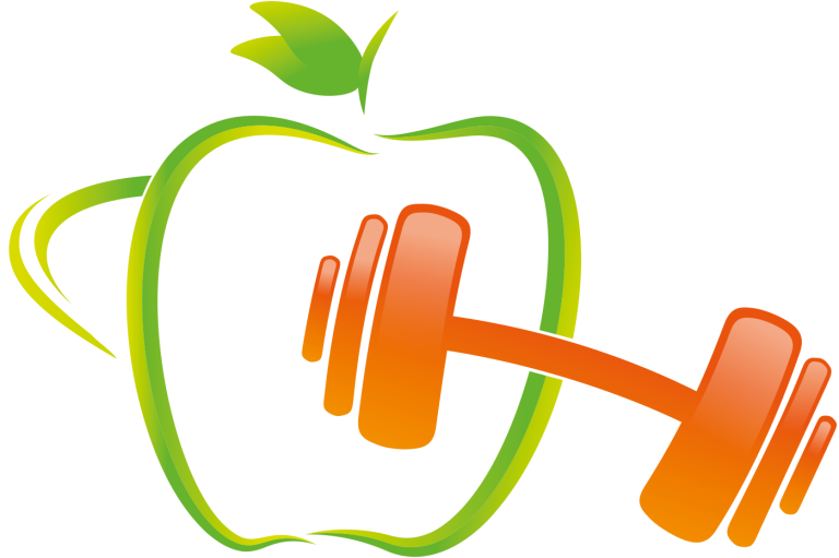 Logo Ich bin Stark Ein grüner Apfel mit einer orangefarbenen Hantel, die durch ihn hindurchgeht.