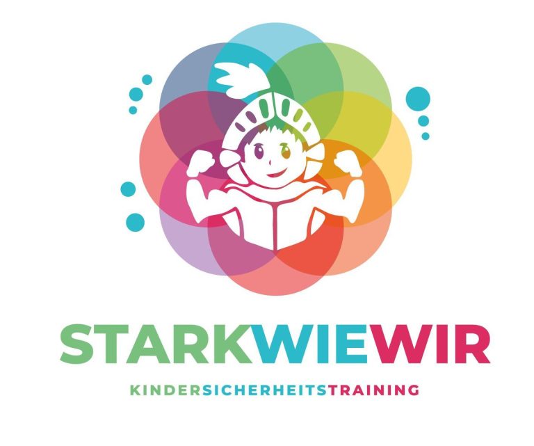 Logo mit buntem Hintergrund, einem starken Kind und dem Text "STARK WIE WIR".