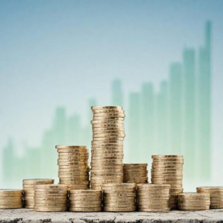 Stapel von Münzen vor einer Grafik mit steigenden Balken.