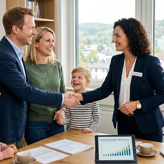 Familie und Beraterin schütteln Hände, am Tisch mit Dokumenten und Grafik.
